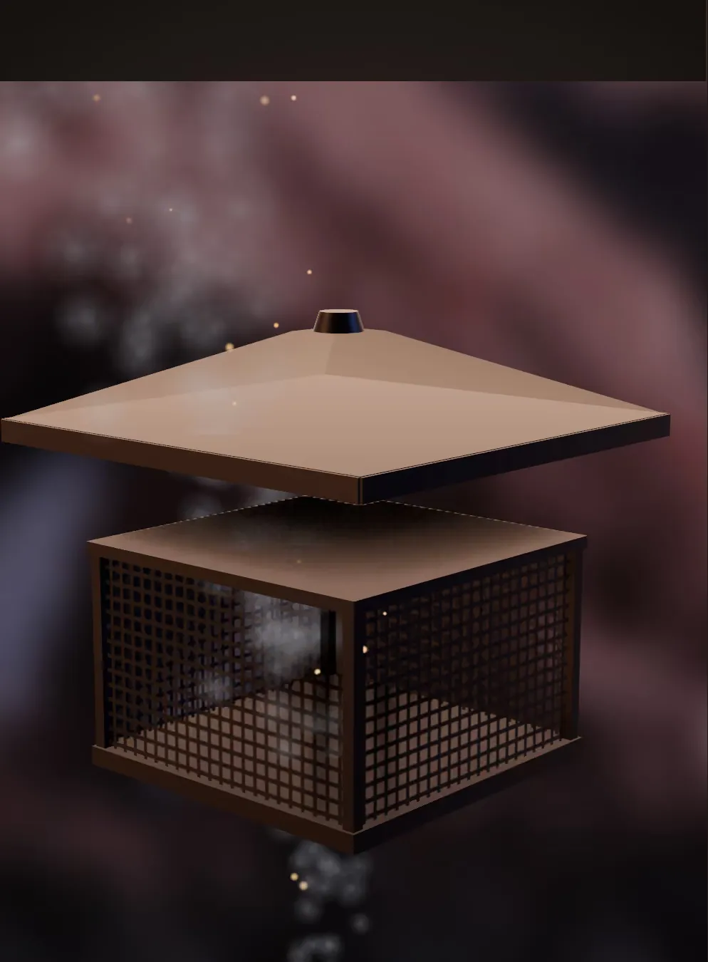 An illustration of a chimney cap, a screened box under a lifted roof