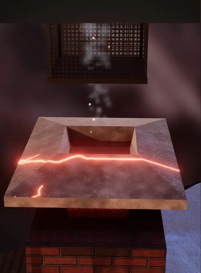 The concrete crown of the chimney illustration with a glowing crack across it